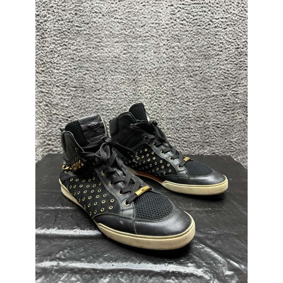 Versace High-Top Leather‎ Lace-Up Sneakers Black Gold Mens Size 45 EU
